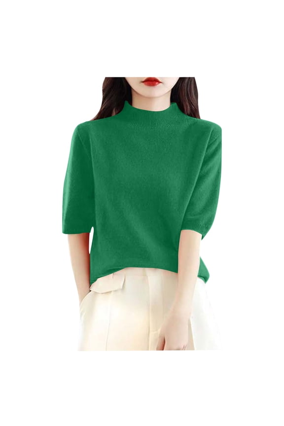 Women's Merino Wool Spring Fall Winter First-Line Ready to Wear Seamless Knit Short Sleeve Neck Sweater (Green, L)