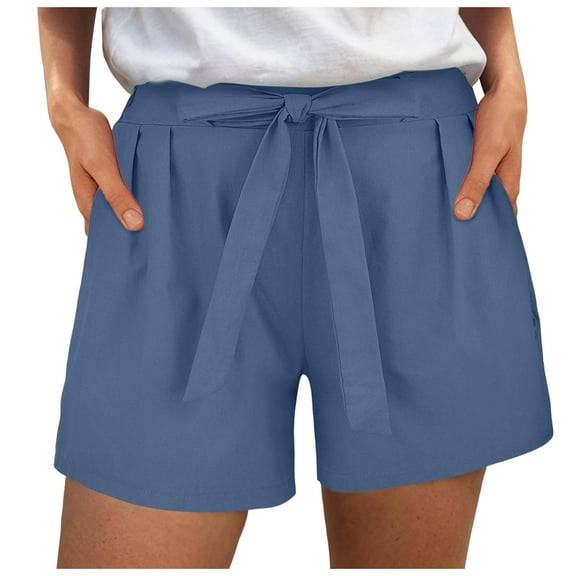 TTUHYWXI Womens Shorts Casual Drawstring Elastic High Waisted Linen Shorts Summer Comfy Beach Vacation Outfits (Dark Blue, L)