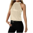 thumbnail image 1 of TTUHYWXI Womens Silk Satin Halter Tops Casual Sleeveless Keyhole Mock Neck Tank Top Summer Sexy Curved Hem Dressy Blouse Shirt (Beige, S), 1 of 9