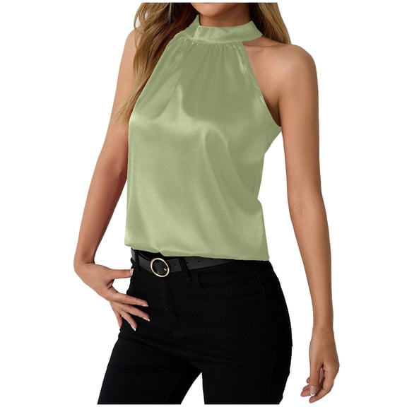 TTUHYWXI Womens Silk Satin Halter Tops Casual Sleeveless Keyhole Mock Neck Tank Top Summer Sexy Curved Hem Dressy Blouse Shirt (Light Green, L)