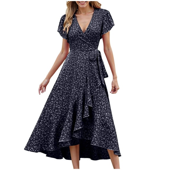 TTUHYWXI Womens Sleeveless V Neck Floral High Low Split Summer Casual Vacation Party Long Maxi Dress (Black, L)