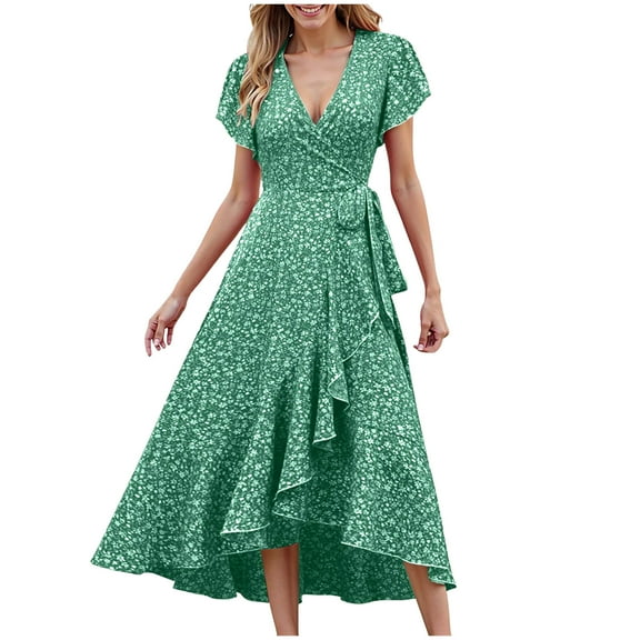 TTUHYWXI Womens Sleeveless V Neck Floral High Low Split Summer Casual Vacation Party Long Maxi Dress (Green, L)