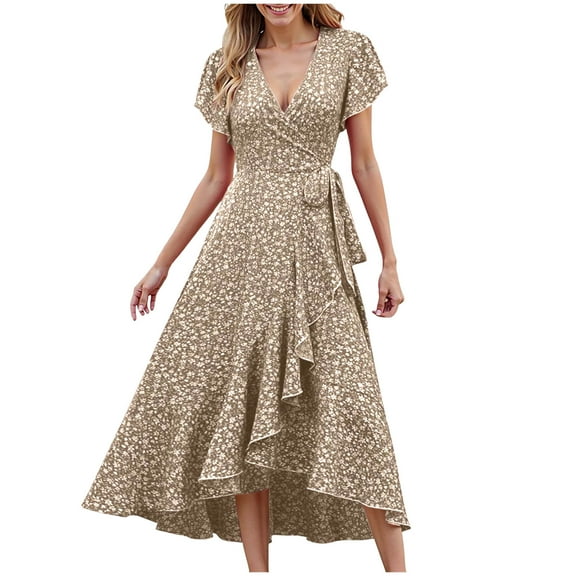 TTUHYWXI Womens Sleeveless V Neck Floral High Low Split Summer Casual Vacation Party Long Maxi Dress (Khaki, XXL)