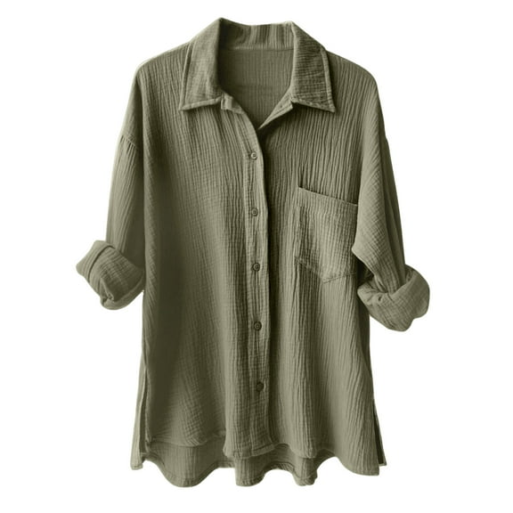 TTUHYWXI Womens Soft Cotton Weave Shirt Long Sleeve Tops Casual Blouse with Open Chest Pockets (Army Green, S)
