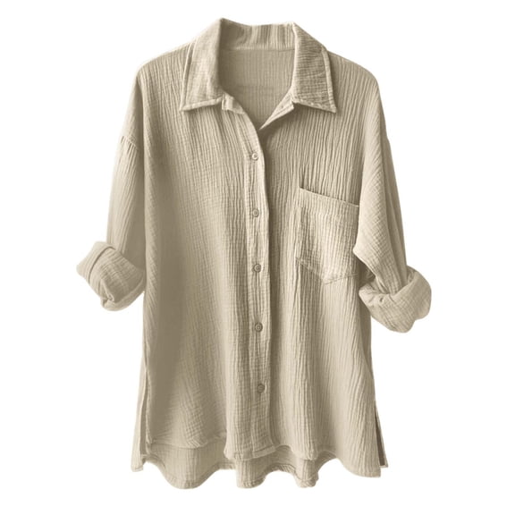 TTUHYWXI Womens Soft Cotton Weave Shirt Long Sleeve Tops Casual Blouse with Open Chest Pockets (Khaki, XXL)