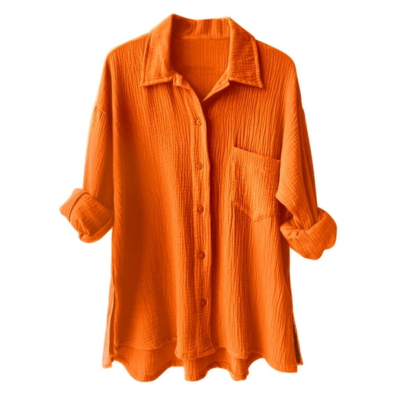 TTUHYWXI Womens Soft Cotton Weave Shirt Long Sleeve Tops Casual Blouse with Open Chest Pockets (Orange, L)