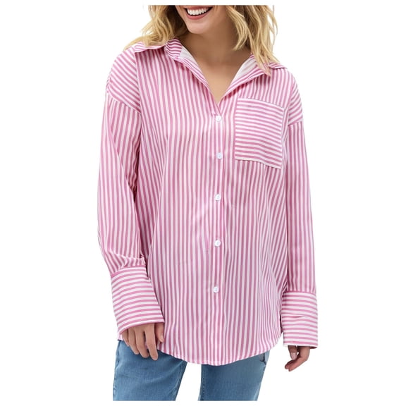 TTUHYWXI Womens Striped Button Down Shirt Casual Long Sleeve Blouse Top (Pink, XXL)