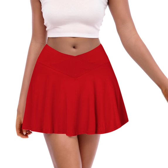 TTUHYWXI Womens Tennis Skirt with Pockets Shorts Crossover High Waisted Athletic Skorts Skirts for Golf Running Workout,Red M