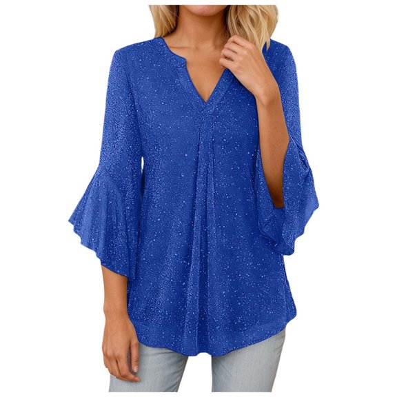 TTUHYWXI Womens Tops 3/4 Sleeve Dressy Casual Blouses Double Layers V Neck Shirt (Blue, XXL)