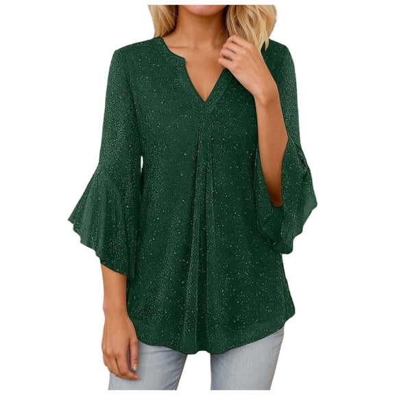 TTUHYWXI Womens Tops 3/4 Sleeve Dressy Casual Blouses Double Layers V Neck Shirt (Green, 3XL)