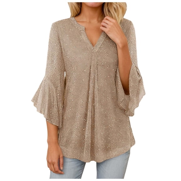 TTUHYWXI Womens Tops 3/4 Sleeve Dressy Casual Blouses Double Layers V Neck Shirt (Khaki, XL)