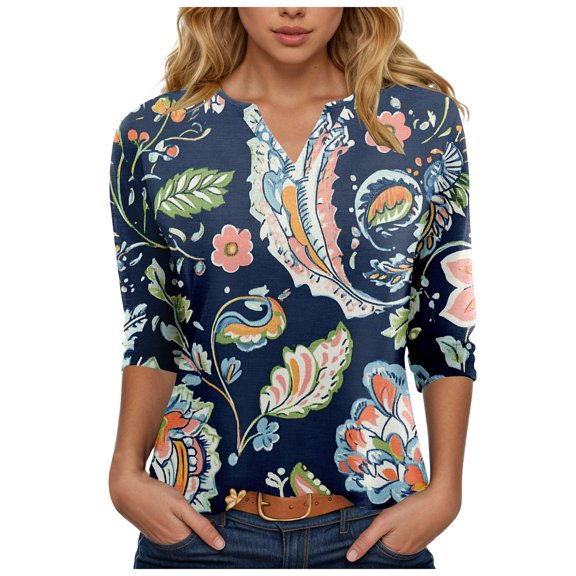 TTUHYWXI Womens Tops 3/4 Sleeve Summer Solid Plain Travel Cute Tops Vneck Slim Fit Half Sleeve Tshirts Shirts Spring Blouse (Navy, XXL)