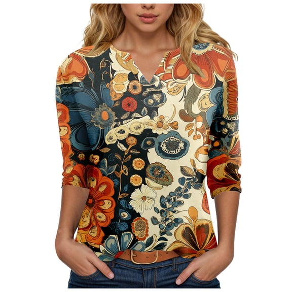 TTUHYWXI Womens Tops 3/4 Sleeve Summer Solid Plain Travel Cute Tops Vneck Slim Fit Half Sleeve Tshirts Shirts Spring Blouse (Orange, XXL)