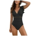thumbnail image 1 of TTUHYWXI Womens Tummy Control Swimsuit V Neck One Piece Bathing Suits Slimming Lace-up Ruffle Swimwear (Black, M), 1 of 9