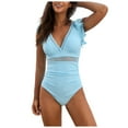 thumbnail image 1 of TTUHYWXI Womens Tummy Control Swimsuit V Neck One Piece Bathing Suits Lace-up Ruffle Swimwear (Blue, XL), 1 of 9