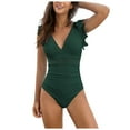 thumbnail image 1 of TTUHYWXI Womens Tummy Control Swimsuit V Neck One Piece Bathing Suits Lace-up Ruffle Swimwear (Green, L), 1 of 9