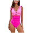 thumbnail image 1 of TTUHYWXI Womens Tummy Control Swimsuit V Neck One Piece Bathing Suits Lace-up Ruffle Swimwear (Pink, XXL), 1 of 9