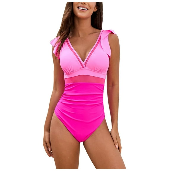 TTUHYWXI Womens Tummy Control Swimsuit V Neck One Piece Bathing Suits Lace-up Ruffle Swimwear (Pink, XXL)
