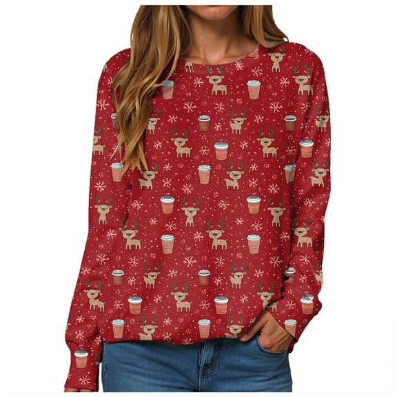 TTUHYWXI Womens Ugly Christmas Deer Sweatshirts Fashion Xmas Pullover Tops Fall Casual Crewneck Long Sleeve T Shirts Oversized (Brick Red, L)