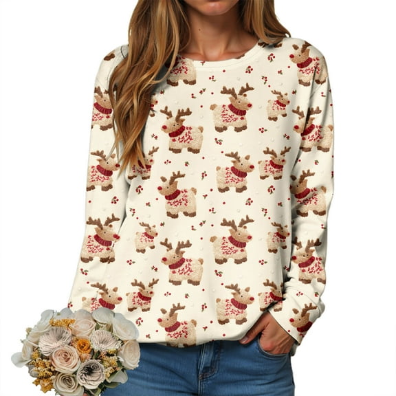 TTUHYWXI Womens Ugly Christmas Deer Sweatshirts Fashion Xmas Pullover Tops Fall Casual Crewneck Long Sleeve T Shirts Oversized (Khaki, XXL)