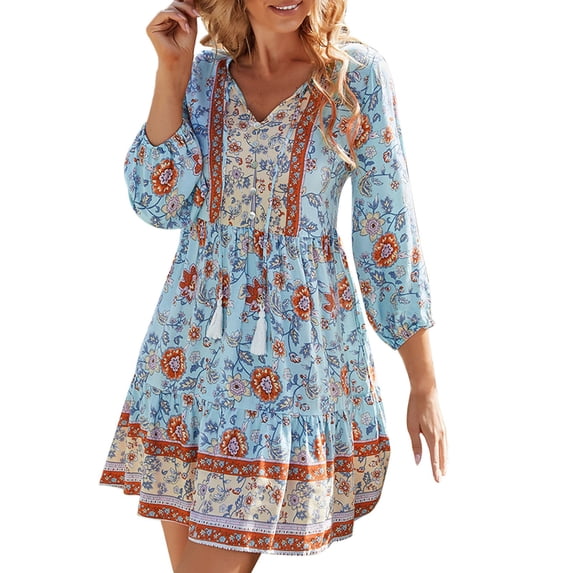 TTUHYWXI Womens V Neck Bohemian Floral Midi Dress Button-Down Front Detachable Belt Casual Flowy Vacation Summer Dresses (Blue, L)