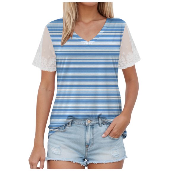 TTUHYWXI Womens V Neck Lace Short Sleeve T Shirts Summer Tops 2025 Casual Loose Tees Trending Now (Blue, L)