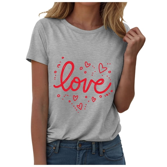 TTUHYWXI Womens Valentines Tshirt Cute Love Heart Graphic Tee Crew Neck Causal Short Sleeves Tops (Light Gray, XL)