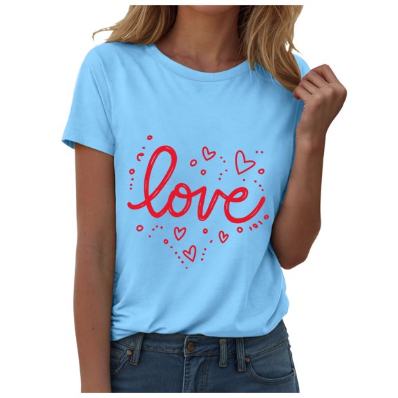 TTUHYWXI Womens Valentines Tshirt Cute Love Heart Graphic Tee Crew Neck Causal Short Sleeves Tops (Sky Blue, L)