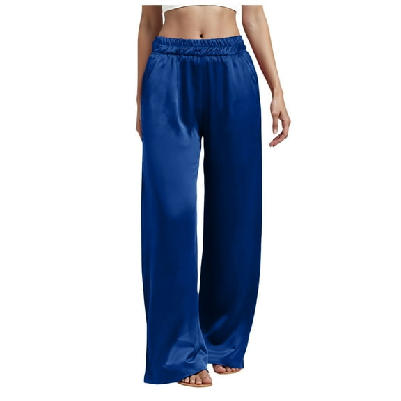 TTUHYWXI Womens Wide Leg Pajama Pants Satin Silk Casual Loose Elastic Waist Lounge Pants Pj Bottoms (Blue, XXL)