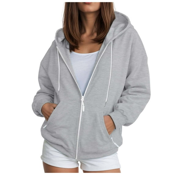 TTUHYWXI Womens Zip Up Hoodies Oversized Lightweight Comfy Cropped Sweatshirts with Pockets for Casual Everyday & Athletic Streetwear (Grey, XL)