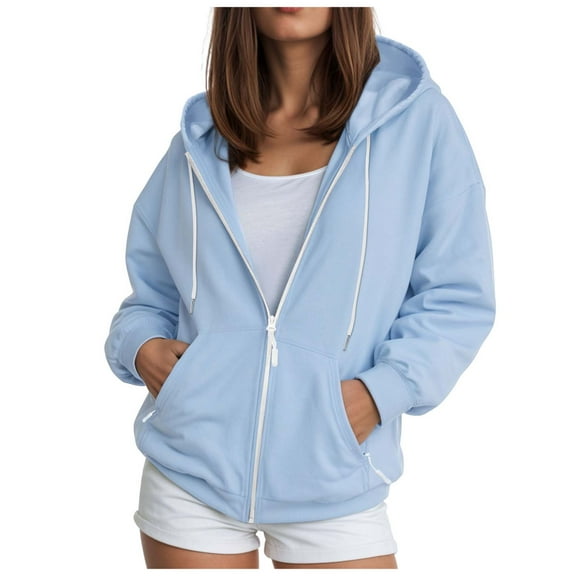 TTUHYWXI Womens Zip Up Hoodies Oversized Lightweight Comfy Cropped Sweatshirts with Pockets for Casual Everyday & Athletic Streetwear (Light Blue, L)
