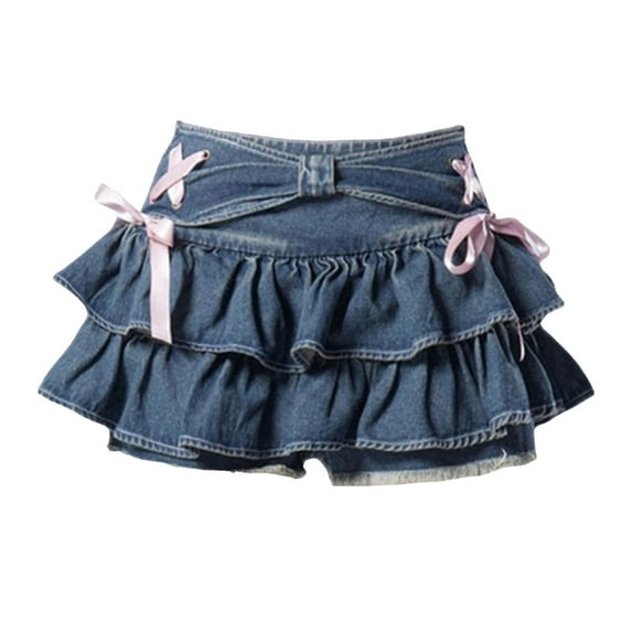 TTUHYWXI Y2K Women Ruffle Hem Blue Jean Pleated Mini Skirt - Denim Bustier Top Suit (Dark Blue, 4XL)