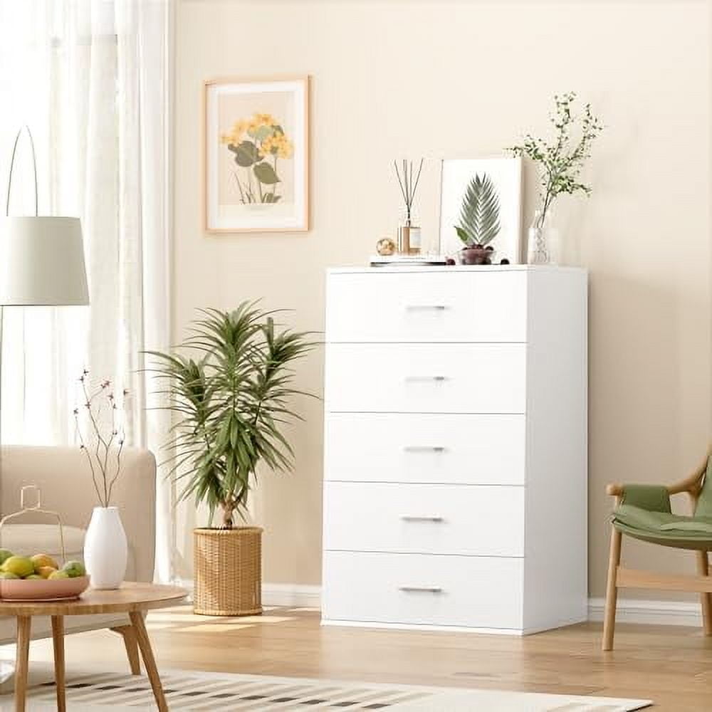 TTVIEW 5 Drawer Dresser Chest Freestanding Dresser Storage Tower with Metal Handles White Storage Cabinet for Living Room Kitchen Entryway White