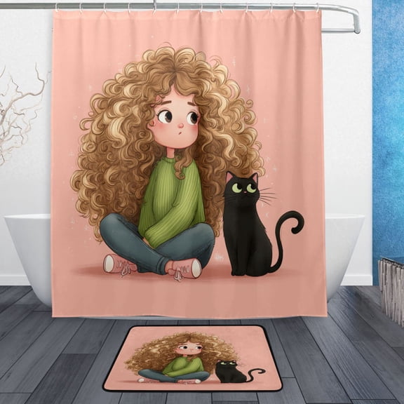 TTYFWHD 60" x 72" Shower Curtain and Bath Mat Set Adorable Blonde Girl and Cat Waterproof Bathroom Curtain with 12 Hooks, Bathroom Decor Set
