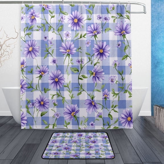 TTYFWHD 60" x 72" Shower Curtain and Bath Mat Set Beautiful Lush Purple Daisies Waterproof Bathroom Curtain with 12 Hooks, Bathroom Decor Set