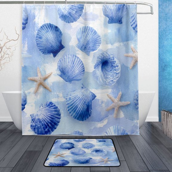 TTYFWHD 60" x 72" Shower Curtain and Bath Mat Set Cerulean Seashells Pattern Waterproof Bathroom Curtain with 12 Hooks, Bathroom Decor Set