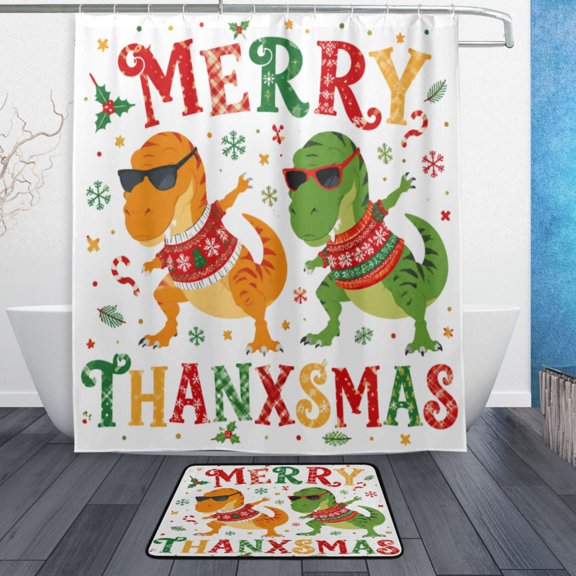 TTYFWHD 60" x 72" Shower Curtain and Bath Mat Set Dinosaur Christmas Meme Waterproof Bathroom Curtain with 12 Hooks, Bathroom Decor Set