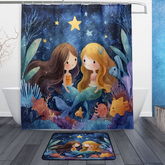 TTYFWHD 60" x 72" Shower Curtain and Bath Mat Set Two Adorable Mermaids Waterproof Bathroom Curtain with 12 Hooks, Bathroom Decor Set