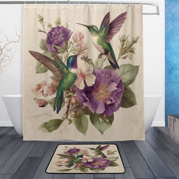 TTYFWHD 60" x 72" Shower Curtain and Bath Mat Set Two Vintage Hummingbirds Waterproof Bathroom Curtain with 12 Hooks, Bathroom Decor Set
