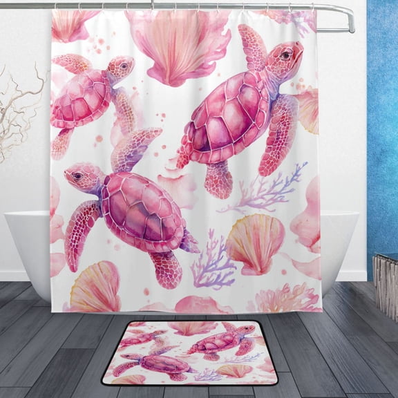 TTYFWHD 60" x 72" Shower Curtain and Bath Mat Set Whimsical Pink Sea Turtles Waterproof Bathroom Curtain with 12 Hooks, Bathroom Decor Set