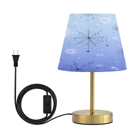 TTYFWHD Antique Brass Base Small Desk Lamp with Dimmable LED Bulb Blue Heart Spider Web Print Plug-in Accent Lamp for Bedroom Living Room Office Decor