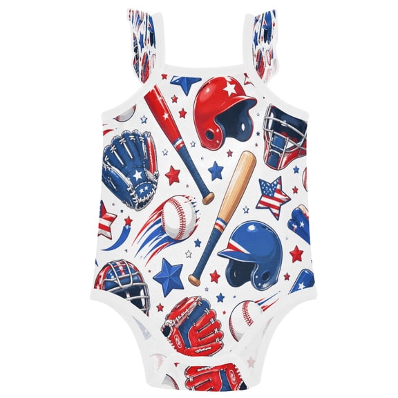 TTYFWHD Infant Toddler Baby Girl Romper Baseball Equipment Pattern Ruffle Sleeveless Cotton Summer One Piece Bodysuit 3-24M