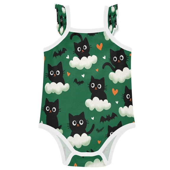 TTYFWHD Infant Toddler Baby Girl Romper Black Cats and Bats Ruffle Sleeveless Cotton Summer One Piece Bodysuit 3-24M