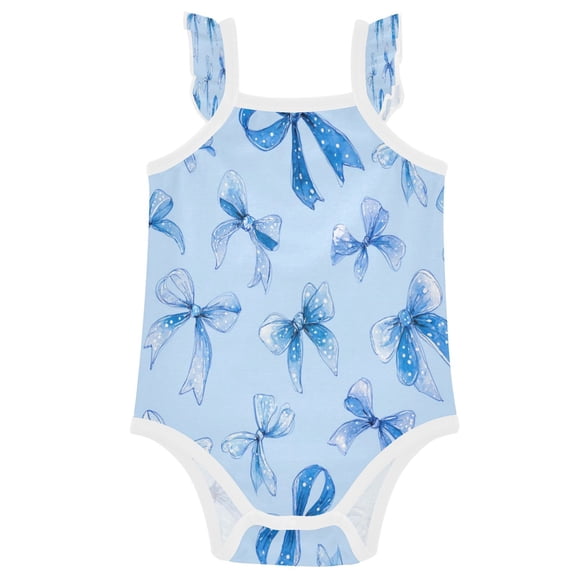 TTYFWHD Infant Toddler Baby Girl Romper Blue Bows and Ribbons Ruffle Sleeveless Cotton Summer One Piece Bodysuit 3-24M
