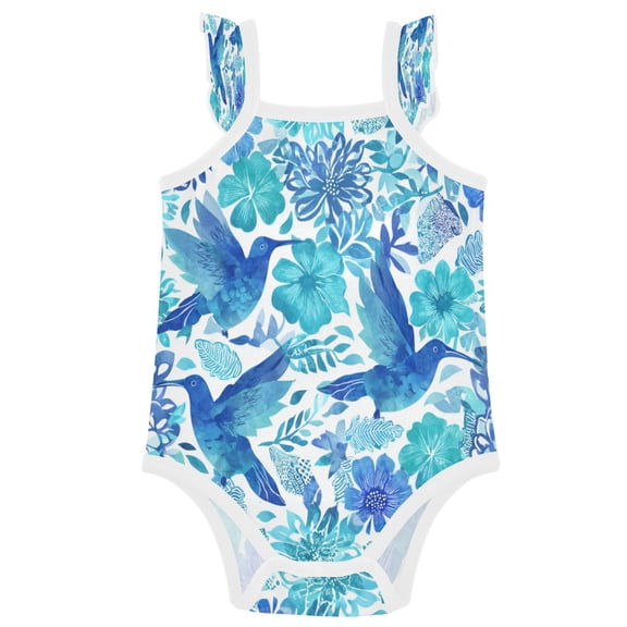 TTYFWHD Infant Toddler Baby Girl Romper Blue Hummingbirds Ruffle Sleeveless Cotton Summer One Piece Bodysuit 3-24M