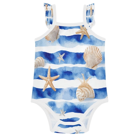 TTYFWHD Infant Toddler Baby Girl Romper Blue Nautical Stripes Pattern Ruffle Sleeveless Cotton Summer One Piece Bodysuit 3-24M