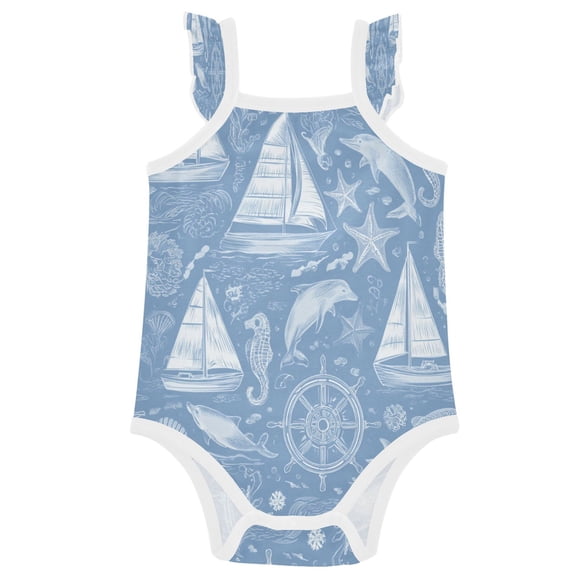TTYFWHD Infant Toddler Baby Girl Romper Blue Nautical Style Pattern Ruffle Sleeveless Cotton Summer One Piece Bodysuit 3-24M