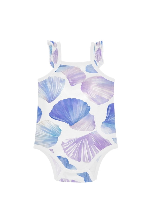 Infant Toddler Baby Girl Romper Blue-pink Shell Pattern Ruffle Sleeveless Cotton Summer One Piece Bodysuit 3-24M