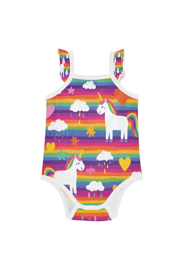 Infant Toddler Baby Girl Romper Bright Rainbow Unicorn Seamless Ruffle Sleeveless Cotton Summer One Piece Bodysuit 3-24M