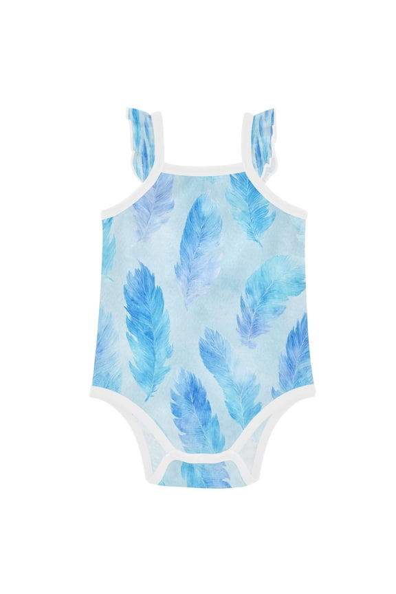 Infant Toddler Baby Girl Romper Cerulean Feather Watercolor Art Ruffle Sleeveless Cotton Summer One Piece Bodysuit 3-24M